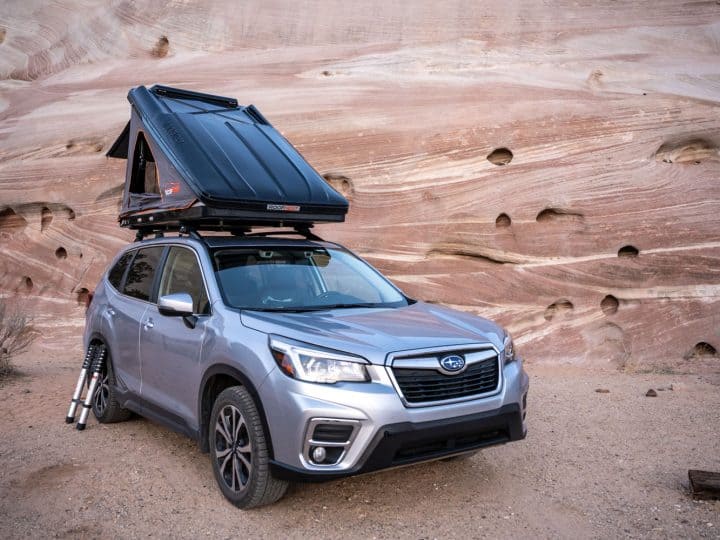 A gray colored Subaru Forester with a tent set up outside, Can A Subaru Forester Tow A Camper?
