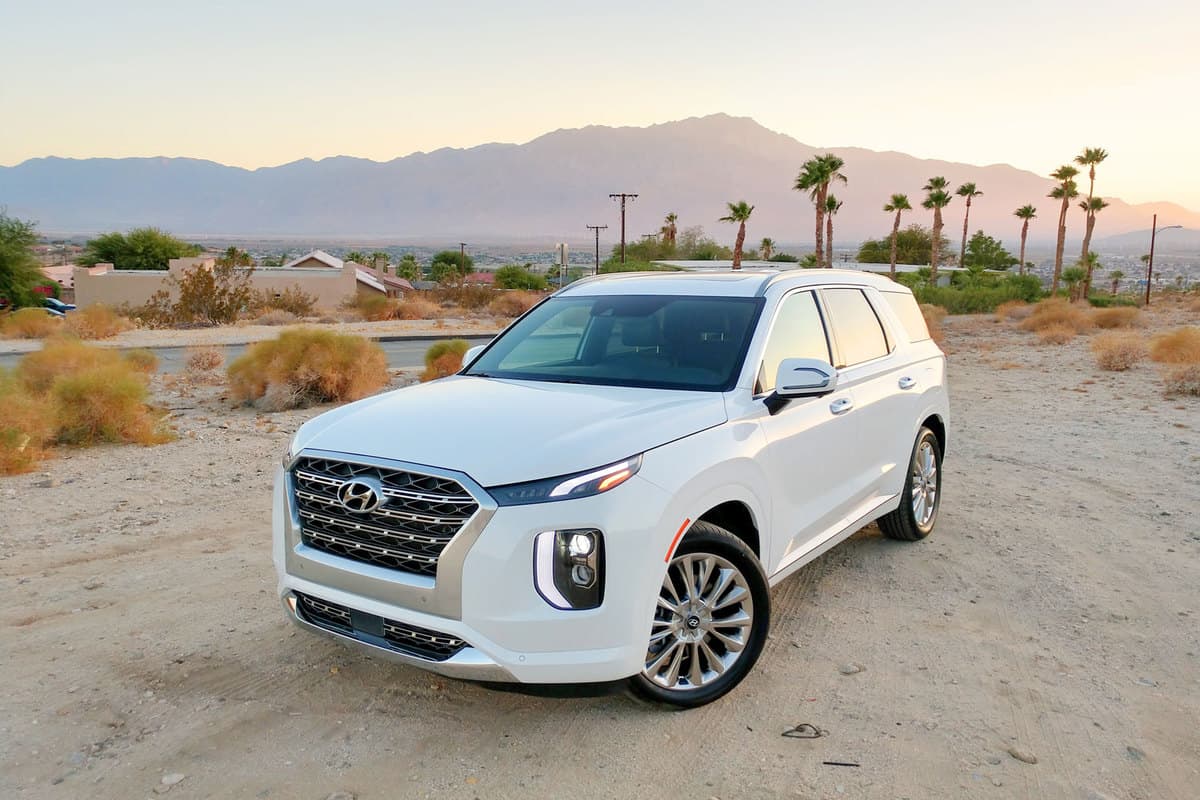 A white Hyundai Palisade parked on the side of the road