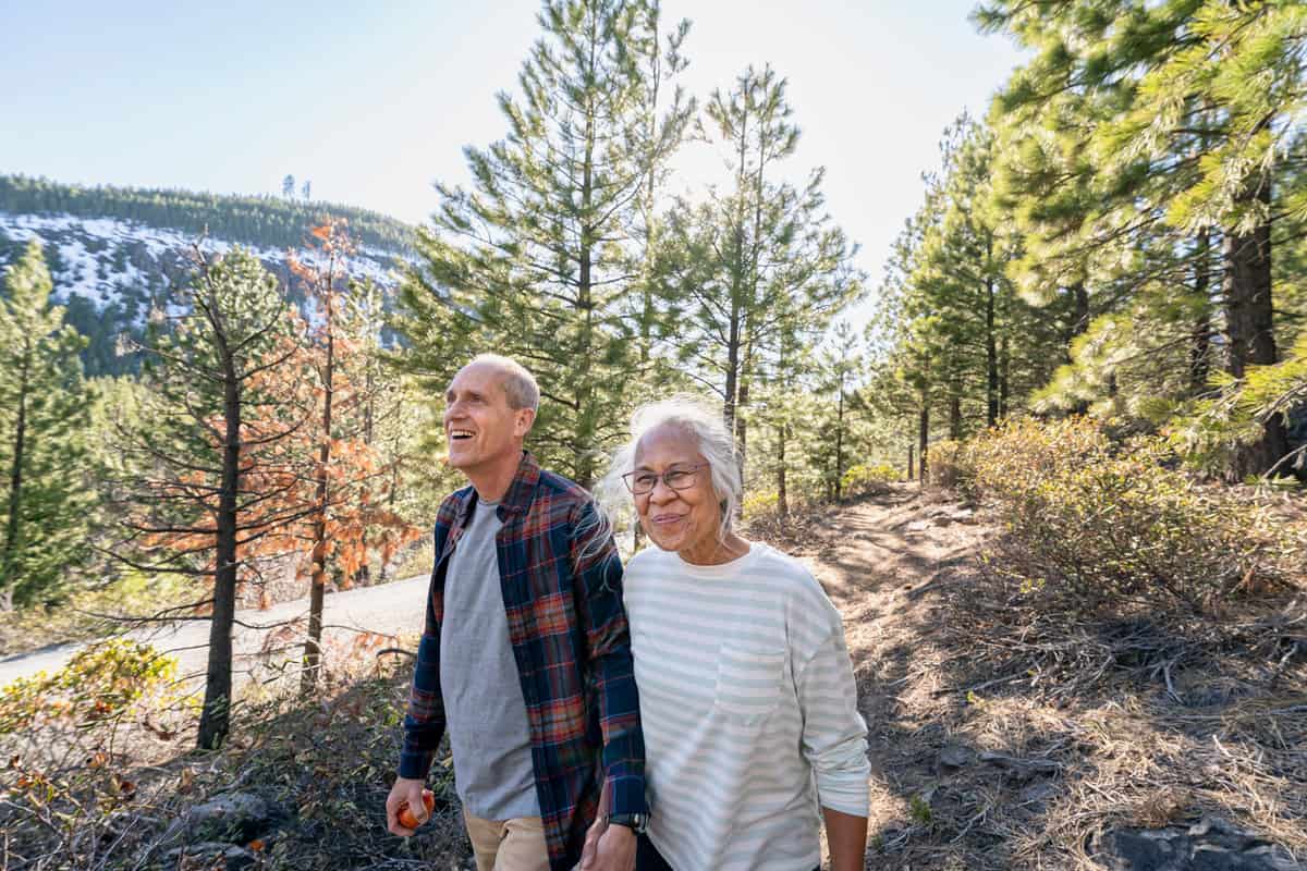 Active retired couple hiking in fores