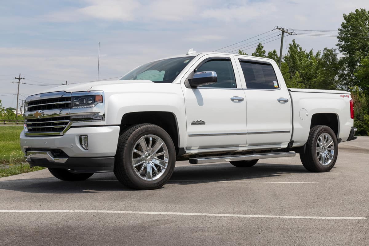 Chevrolet Silverado 1500 display. Chevy is a division of GM and offers the Silverado 1500 in WT, Custom, Custom Trail Boss, LT, RST, LT Trail Boss, LTZ, and High Country versions.
