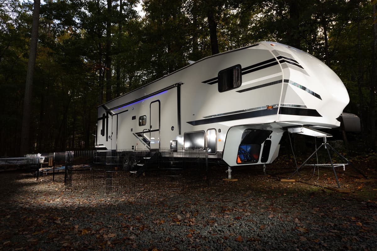 Fifth wheel trailer that is a toy hauler camping in North Carolina
