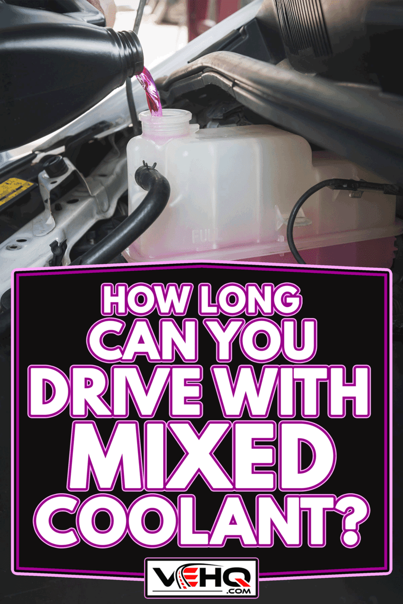 An auto mechanic pouring pre-mixed super long life coolant fluid in coolant reservoir tank, How Long Can You Drive With Mixed Coolant?