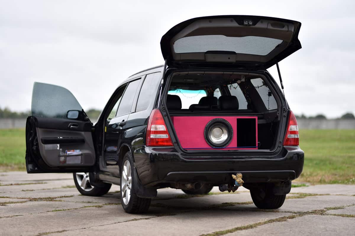 Modified Subaru Forester with a huge speaker installed on the back