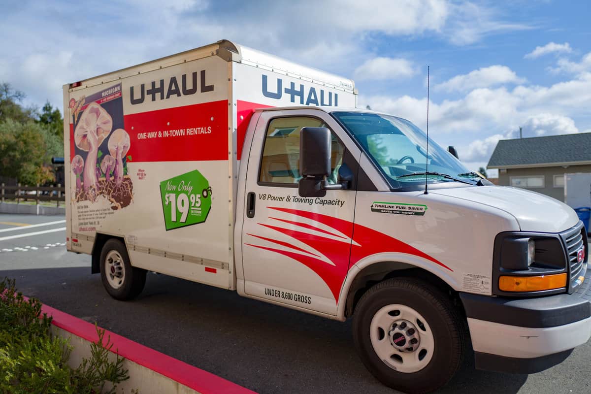 Side view of uHaul moving truck on a sunny day in the San Francisco Bay Area
