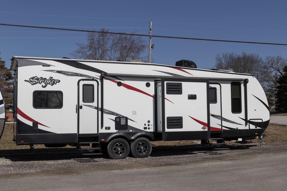 Stryker toy hauler by Cruiser RV. Cruiser RV is a division of Heartland Recreational Vehicles and Thor Industries.