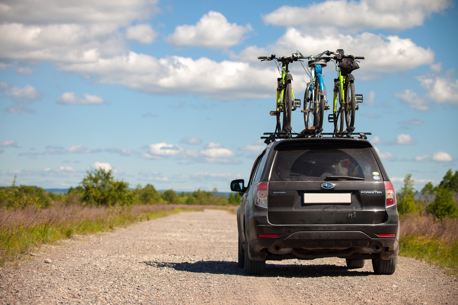 Subaru Forester with three bicycles on roof rack