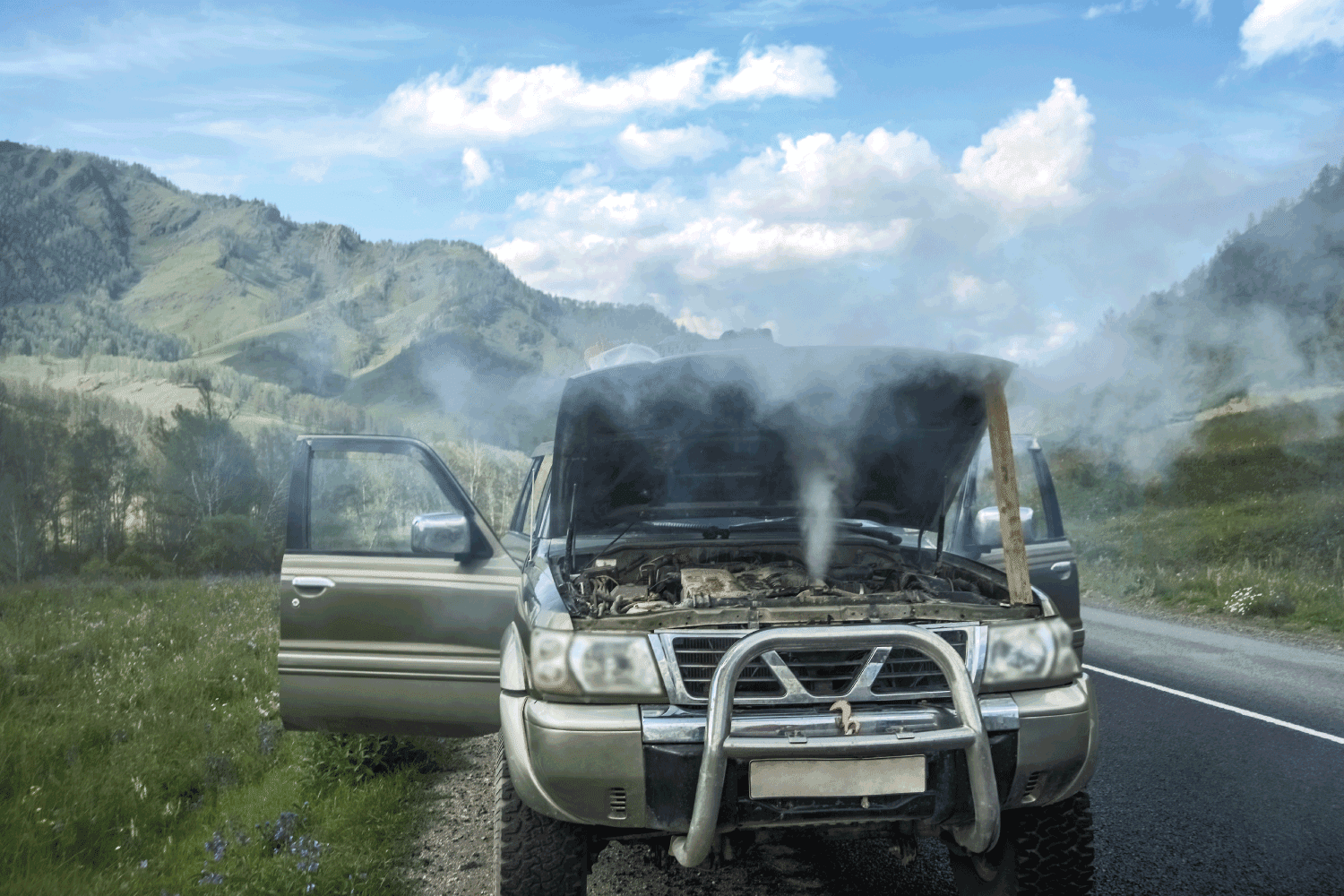 overheated car in the field, bright sunlight, steam under the hood. smoking engine in SUV car. Smoke coming out from overheat engine.