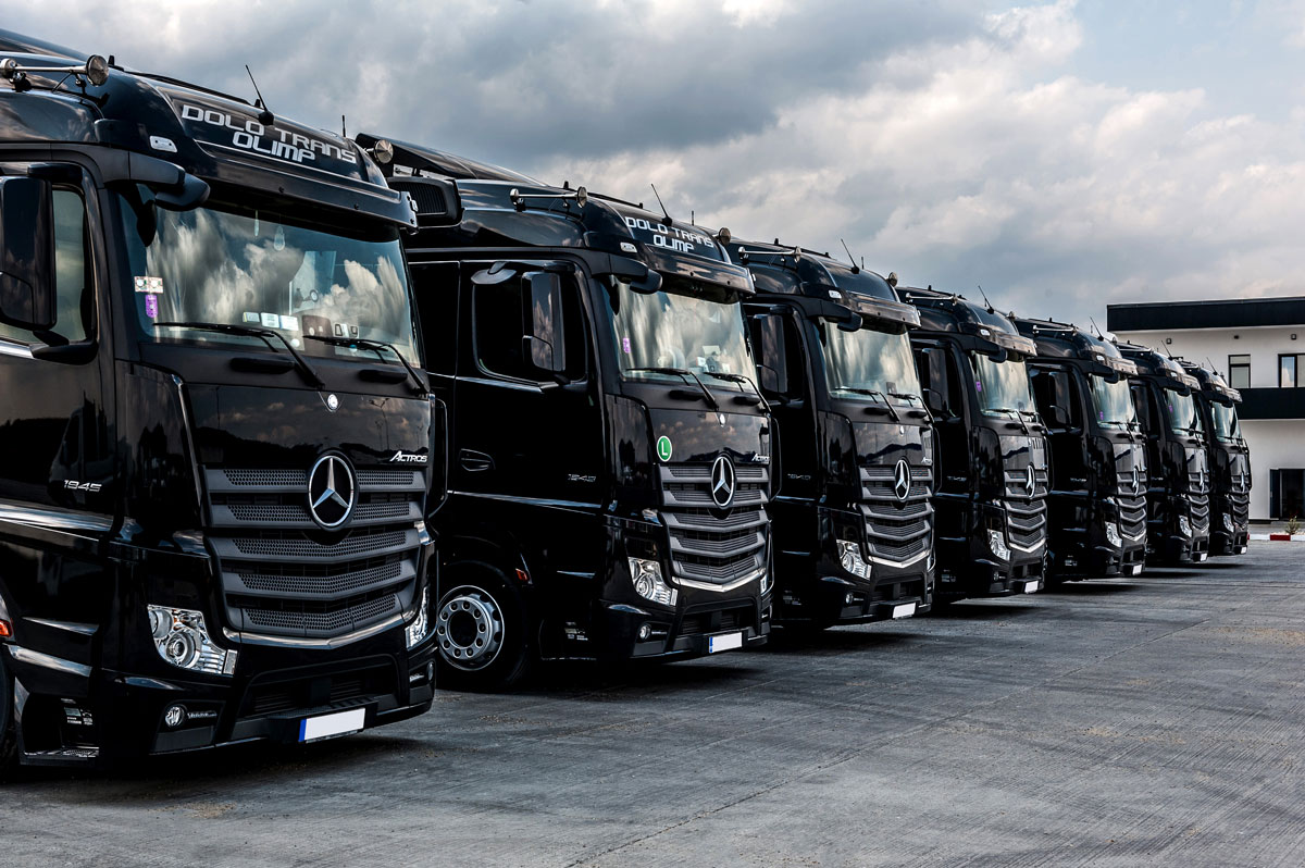 A long line up of Daimler trucks