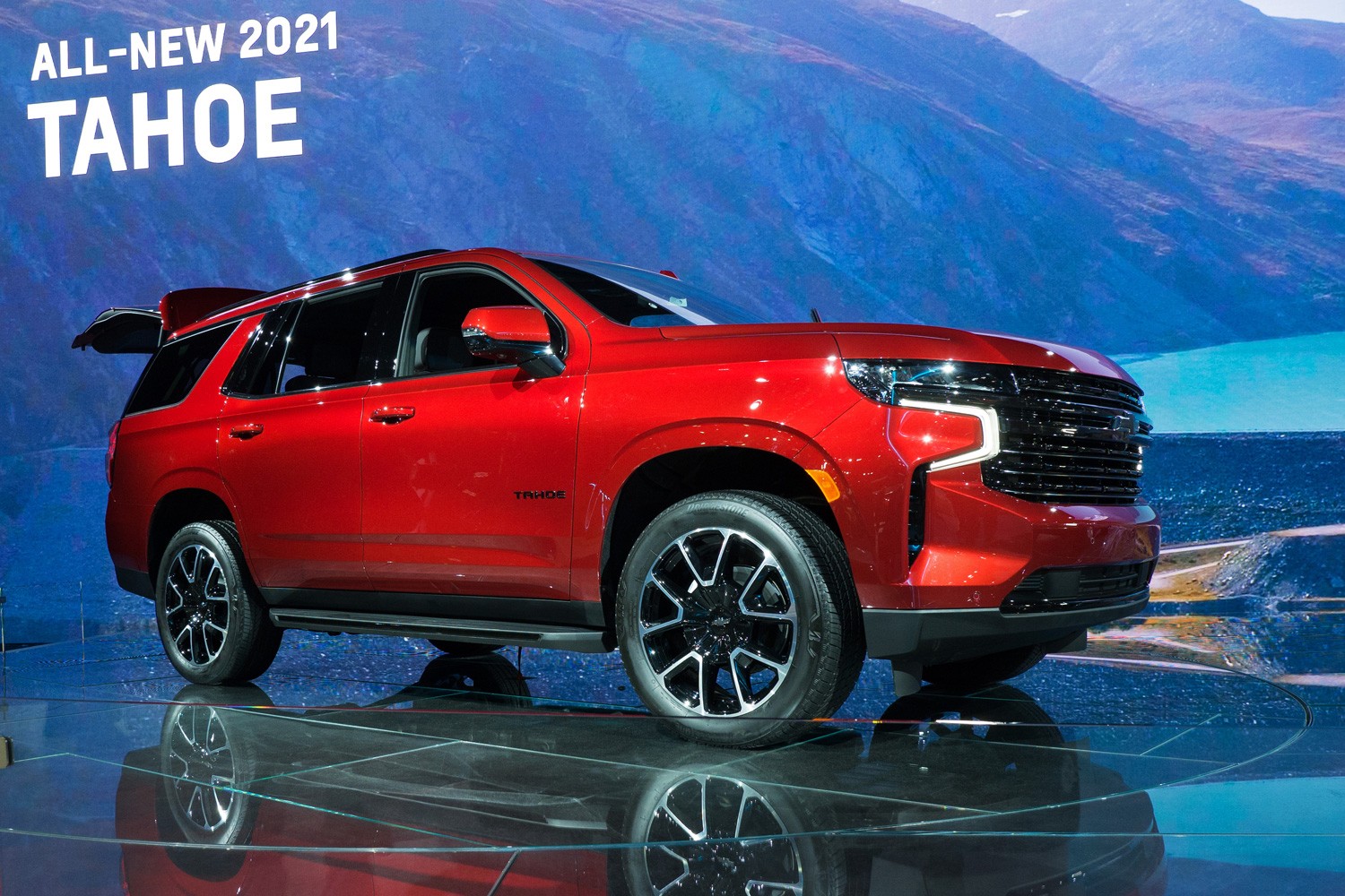 Beautiful all-new red 2021 Chevrolet Tahoe displayed at McCormick Place at the annual Chicago Auto Show