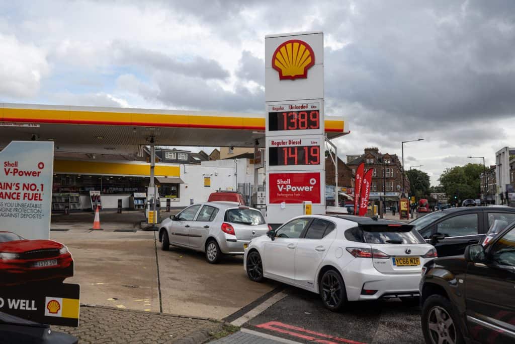 Car queue to Shell station on Upper Clapton Rd in North London.