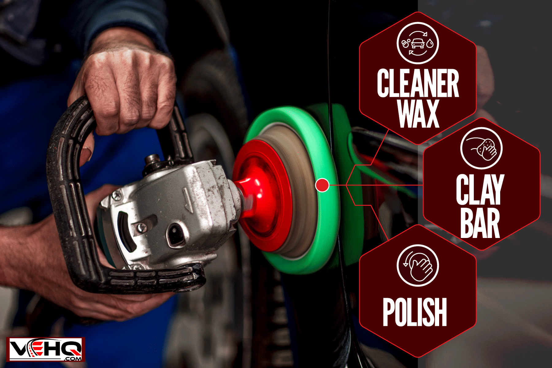 Worker polishing a car with an orbital polisher, Cleaner Wax Vs Polish Vs Clay Bar: Which Is Best For Your Car?