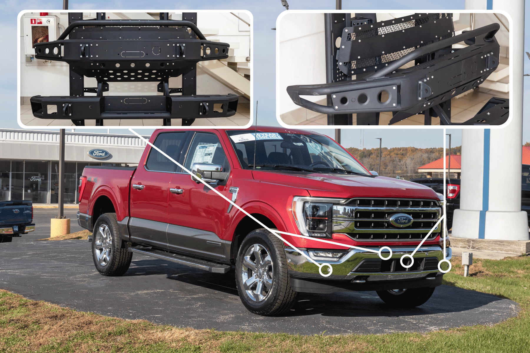 Collaged photo of installing bull bars to a truck