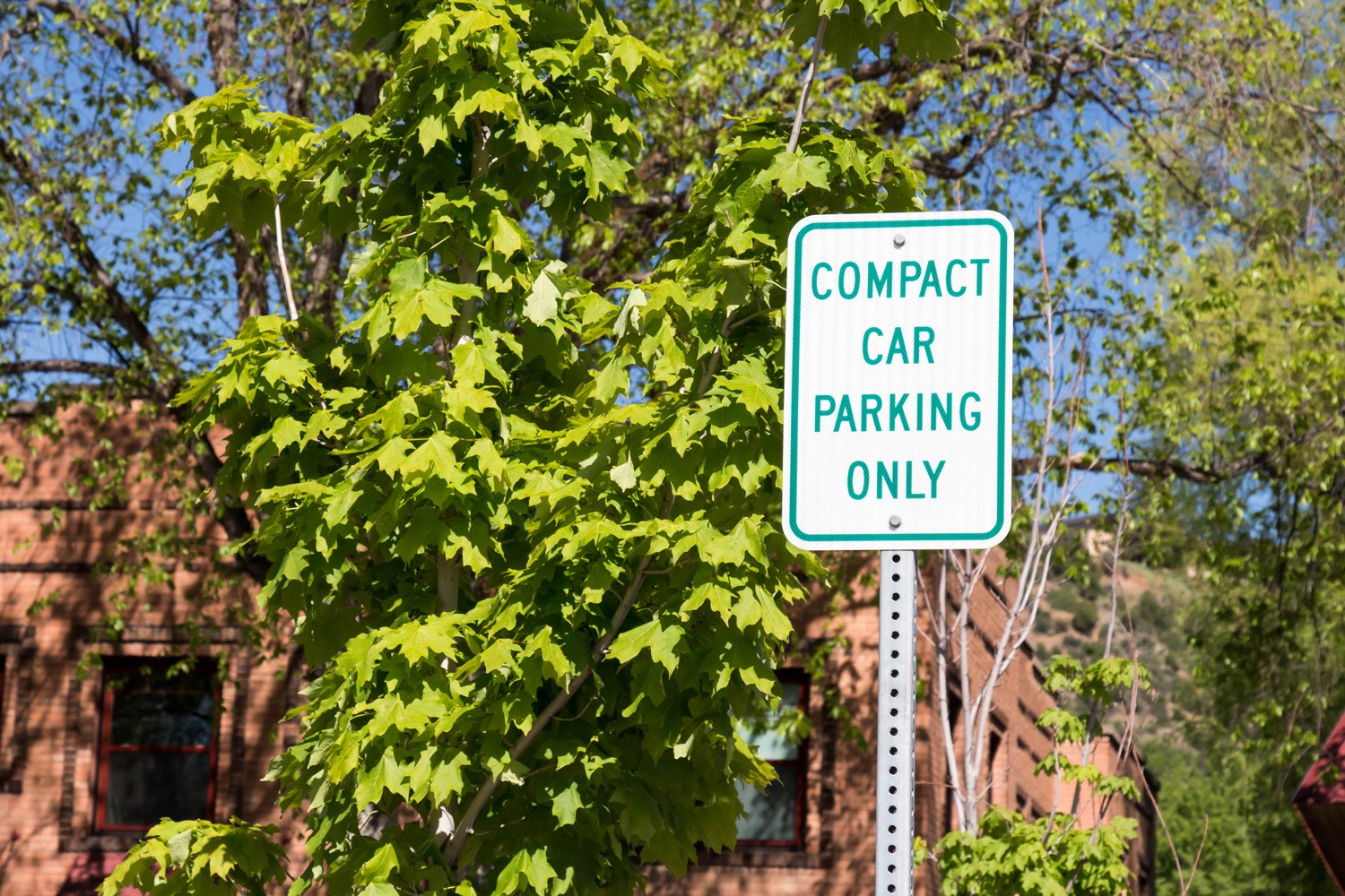Compact car parking only sign with trees and a brick building