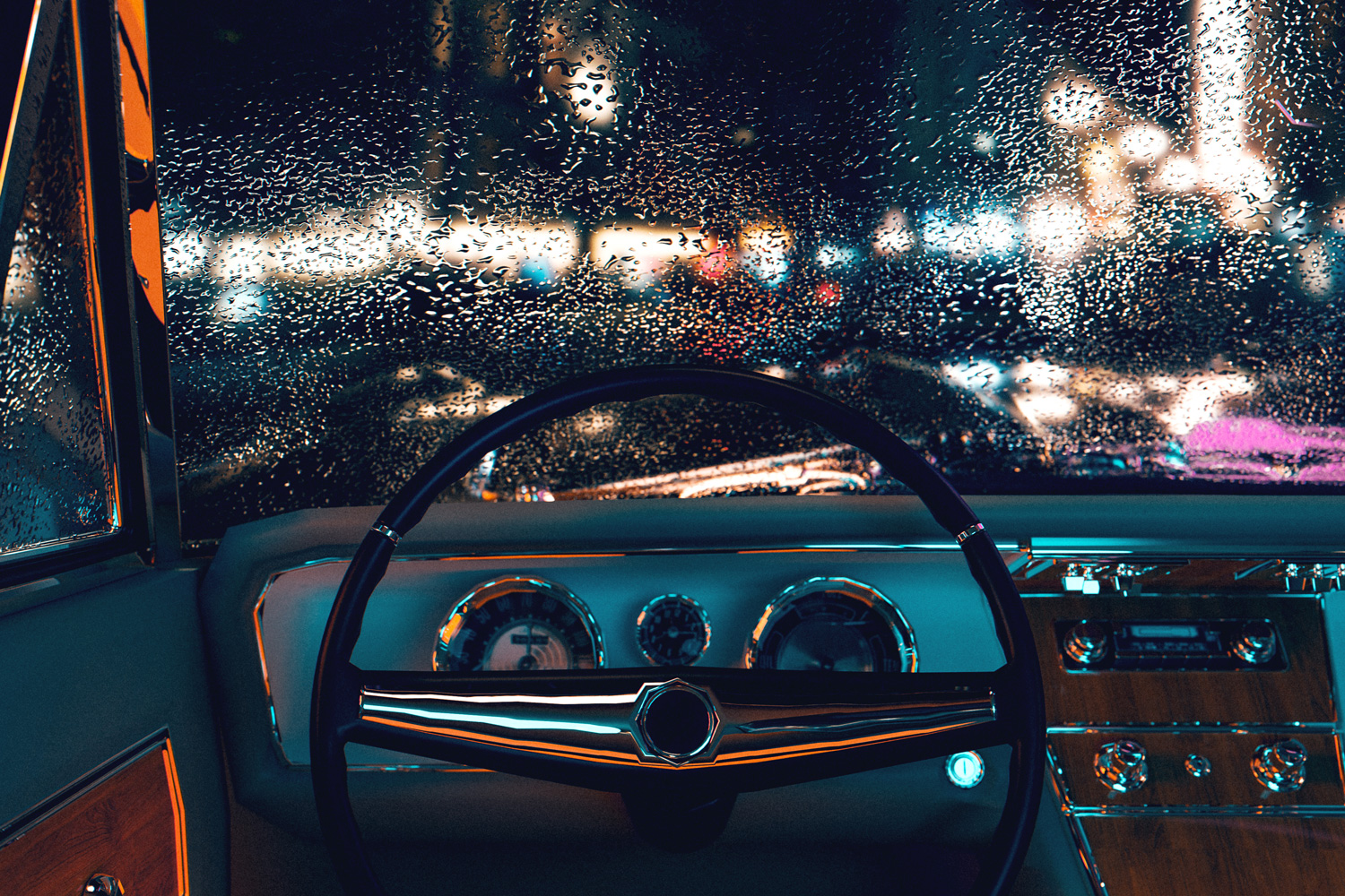 Digitally generated image of the inside of an vintage car with old steering wheel. Concept of a film noir scene at night with city lights and rain.