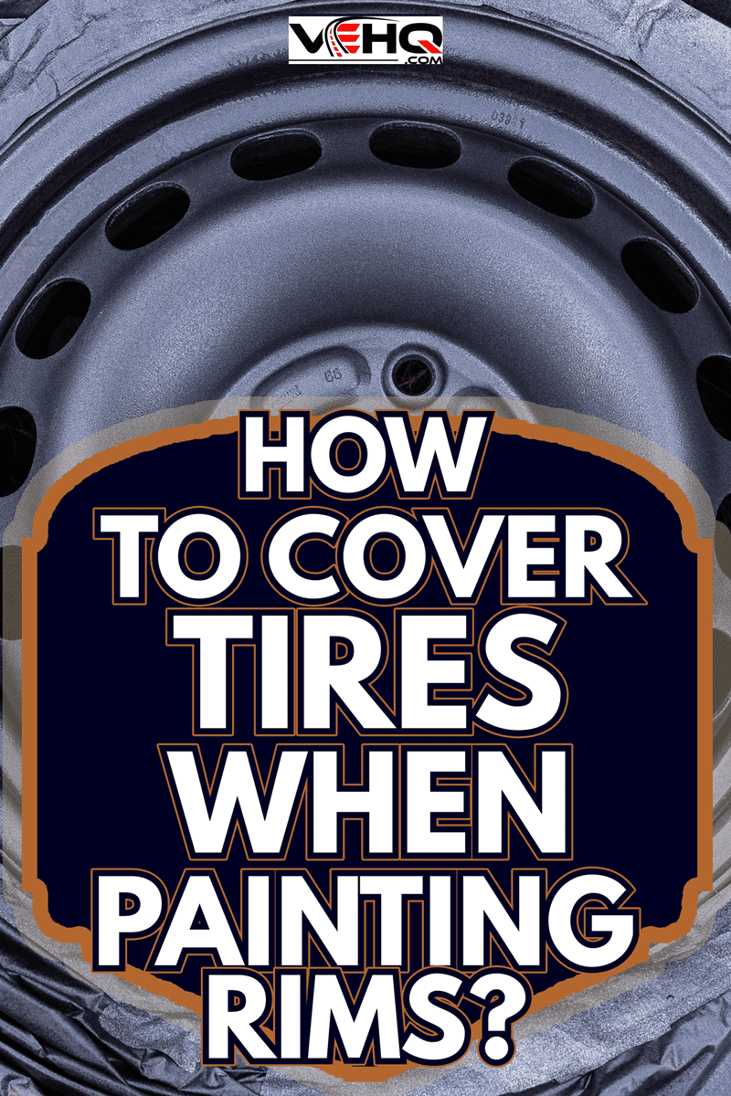 Diy maintenance at home fixing up an old weathered car tire by spray painting new fresh metallic top paint on the wheel cap while covering the black rubber with plastic to keep it clean and protected. - How To Cover Tires When Painting Rims