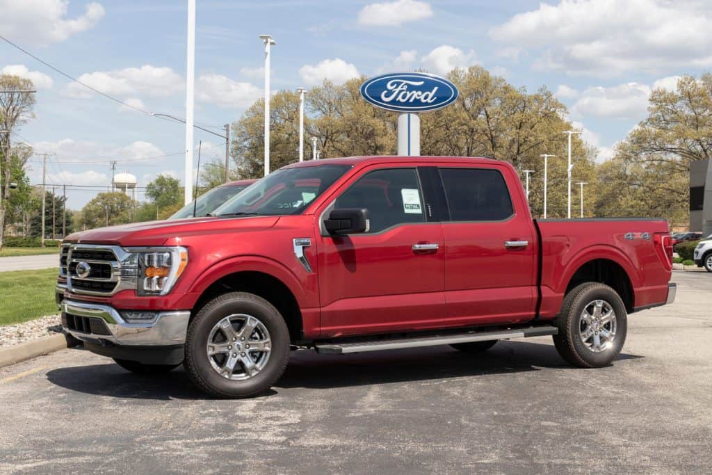 Ford F-150 display at a dealership. The Ford F150 is available in XL, XLT, Lariat, King Ranch, Platinum, and Limited models.
