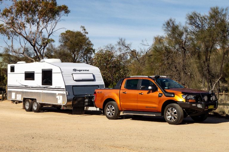 Ford Ranger Wildtrack off road pickup towing a white caravan trailer, Can You Tow A Travel Trailer Without Sway Bars?