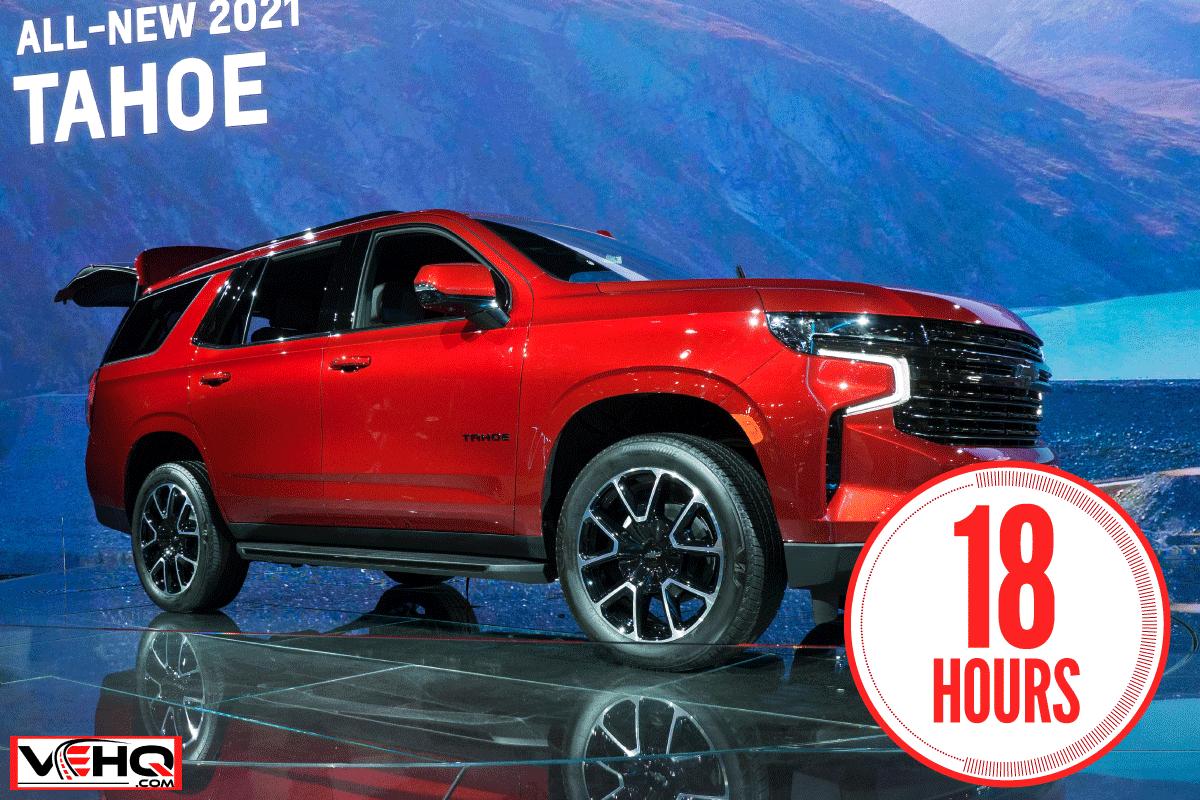 Beautiful all-new red 2021 Chevrolet Tahoe displayed at McCormick Place at the annual Chicago Auto Show, How Long Does It Take To Build A Chevy Tahoe? [Time To Delivery]