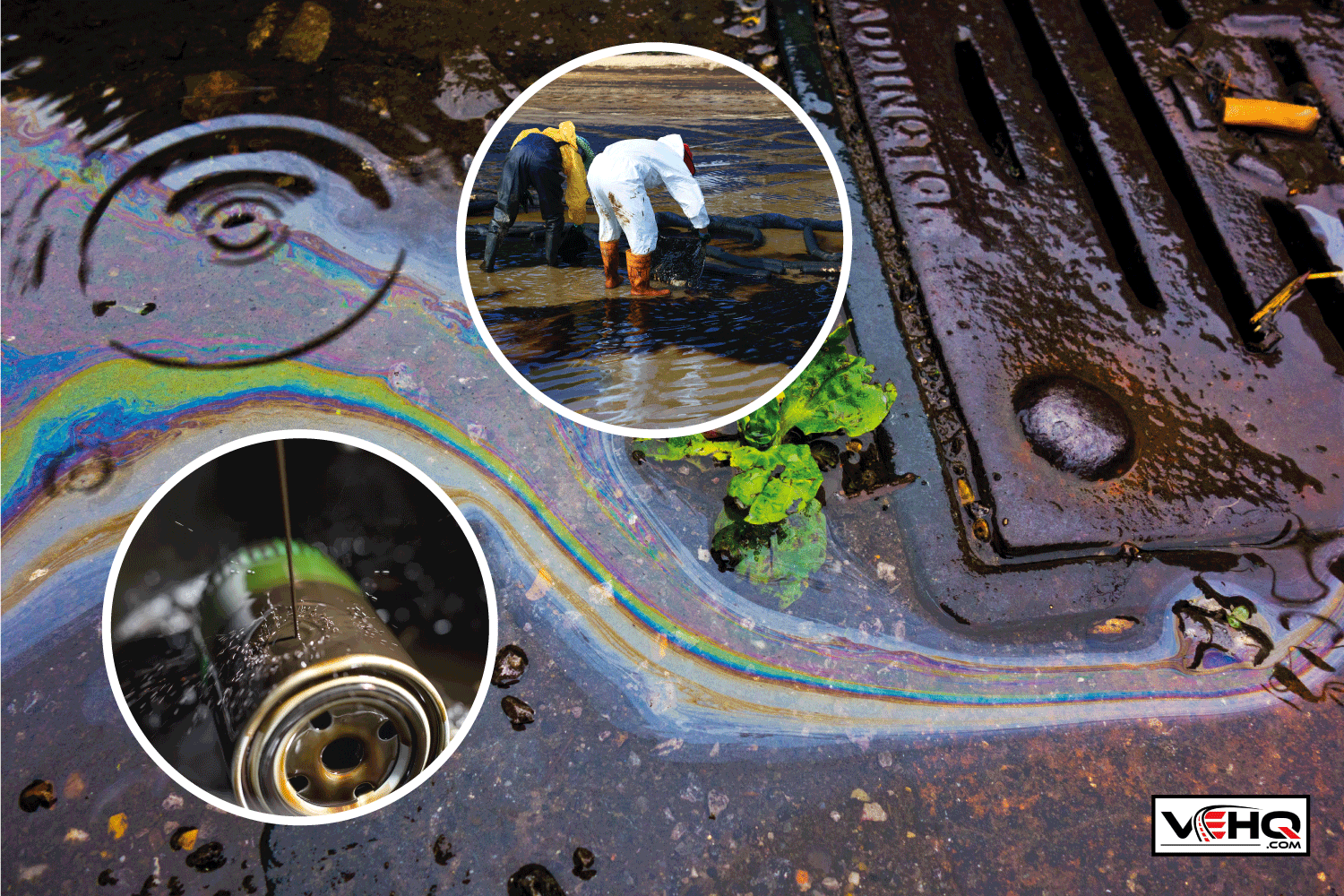 Oil In Water Running Down the Drain. Change the old engine oil for car. Professional team and volunteer wearing PPE clean up dirty of oil spill on beach. Can You Pour Engine Oil Down The Drain