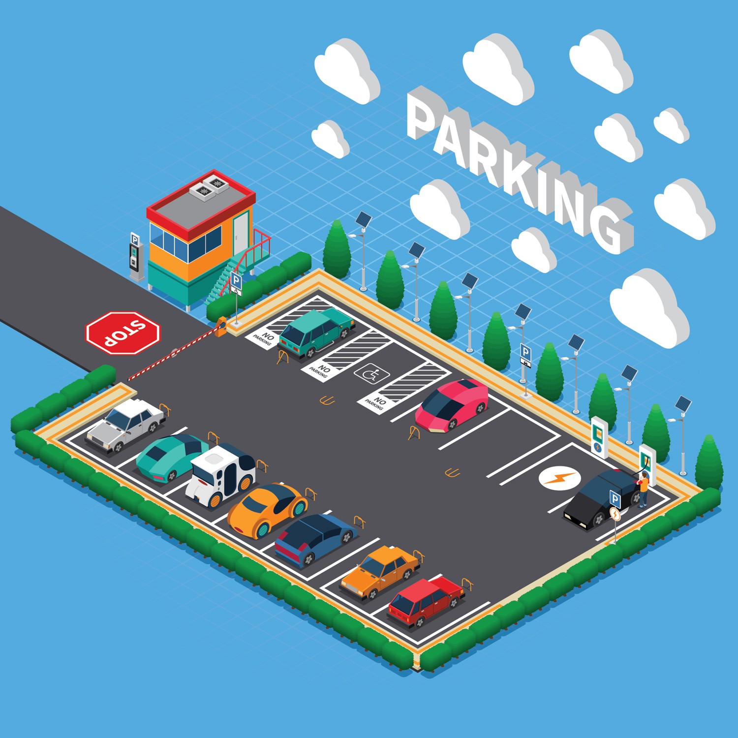 Perpendicular parking lot with plug in electric vehicles ecological charging stalls attendant booth isometric composition vector illustration