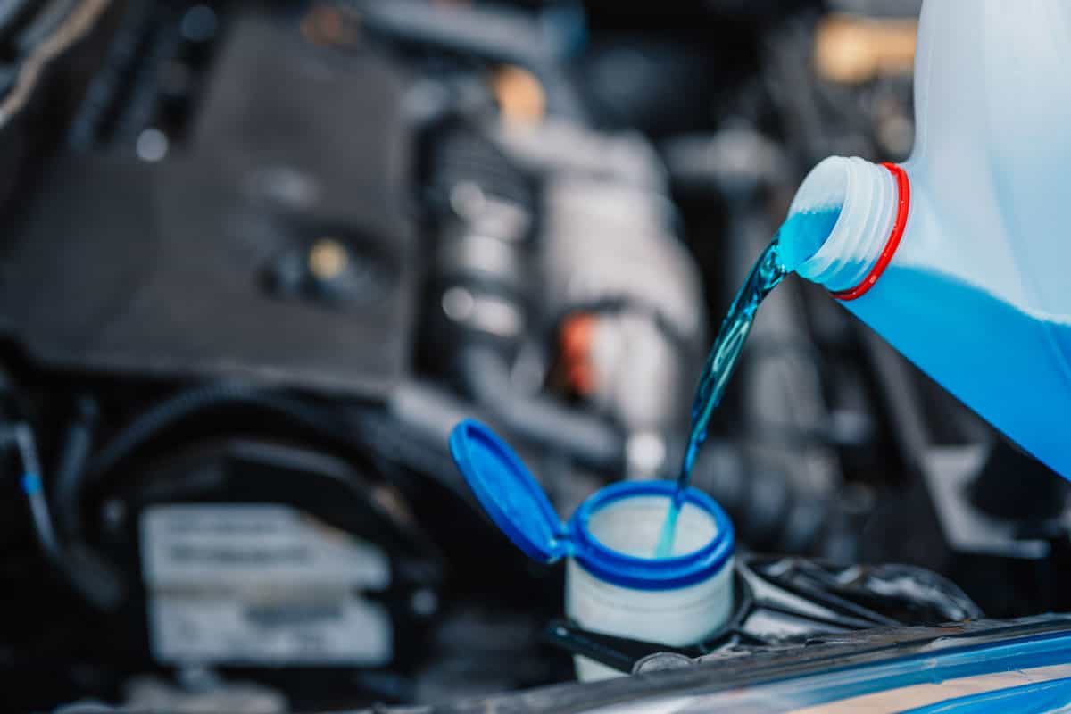 Pouring blue colored coolant to the coolant reservoir