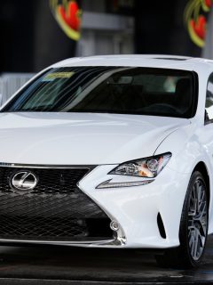 Stock image of the 2015 Lexus RC 350 sports coupe in white.