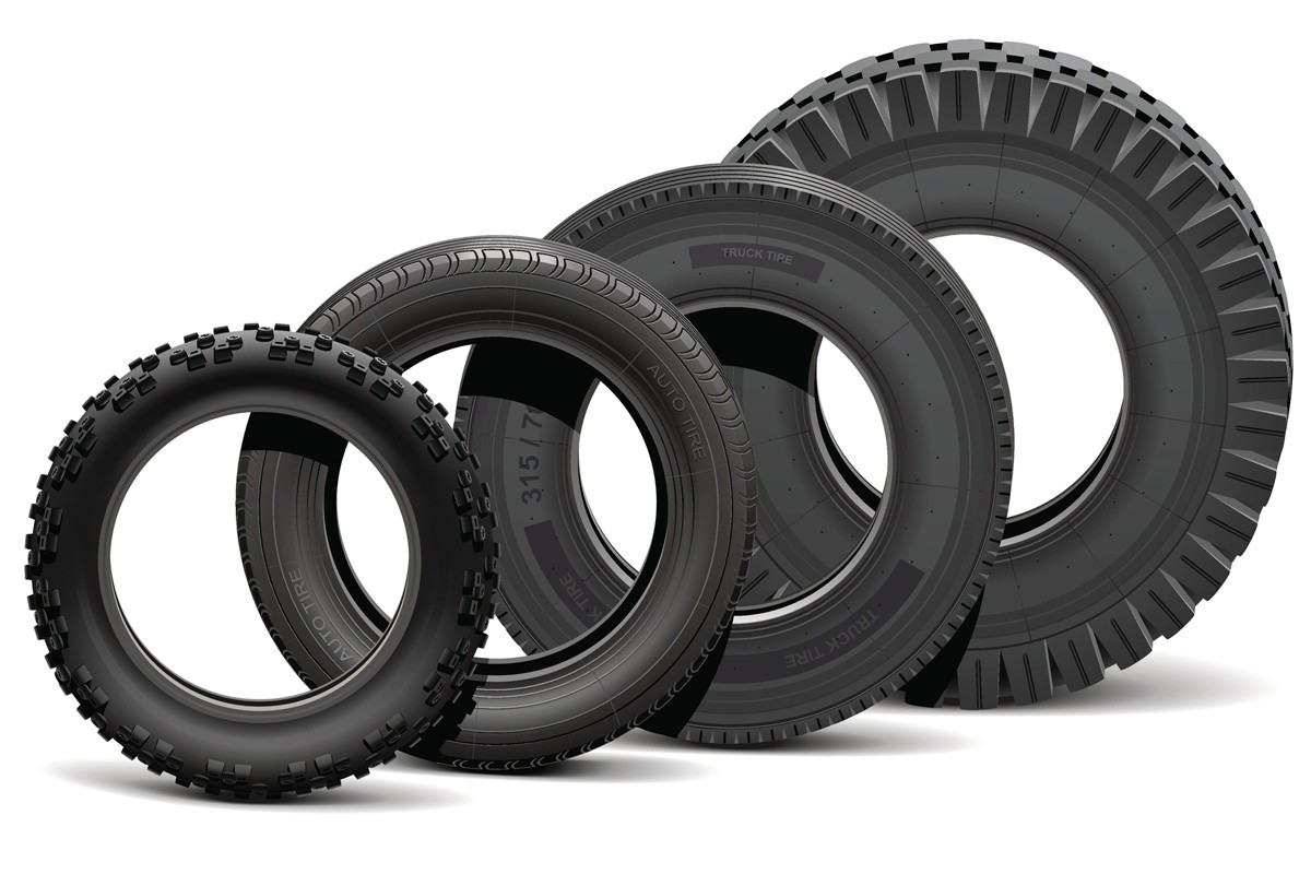 Vector tires for truck, car, tractor and bike, isolated on white background