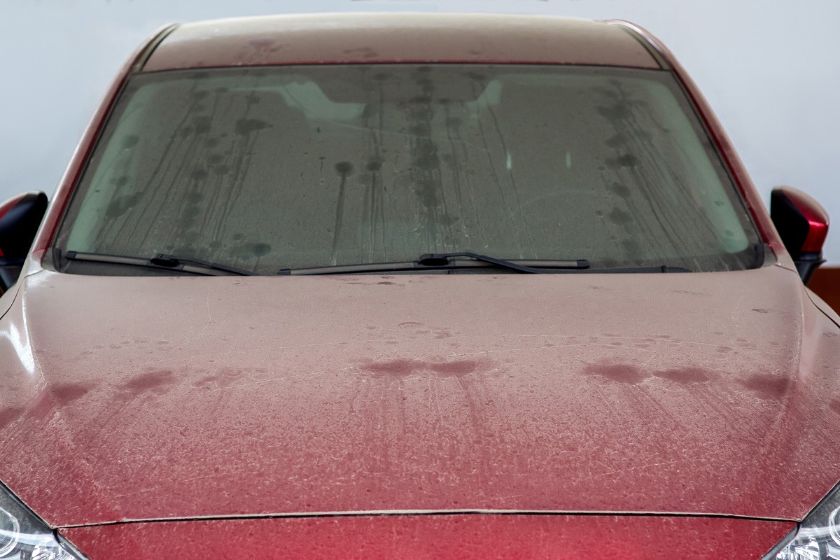 dirty red car windshield wipers covered with a layer of dust