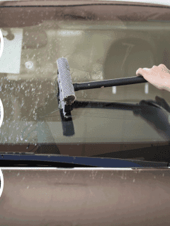 girl washes the windshield of the car at a gas station. dryer sheets in box. woman spraying on car. man rinsing car with water from bucket. How To Get Bugs Off Car With Dryer Sheets