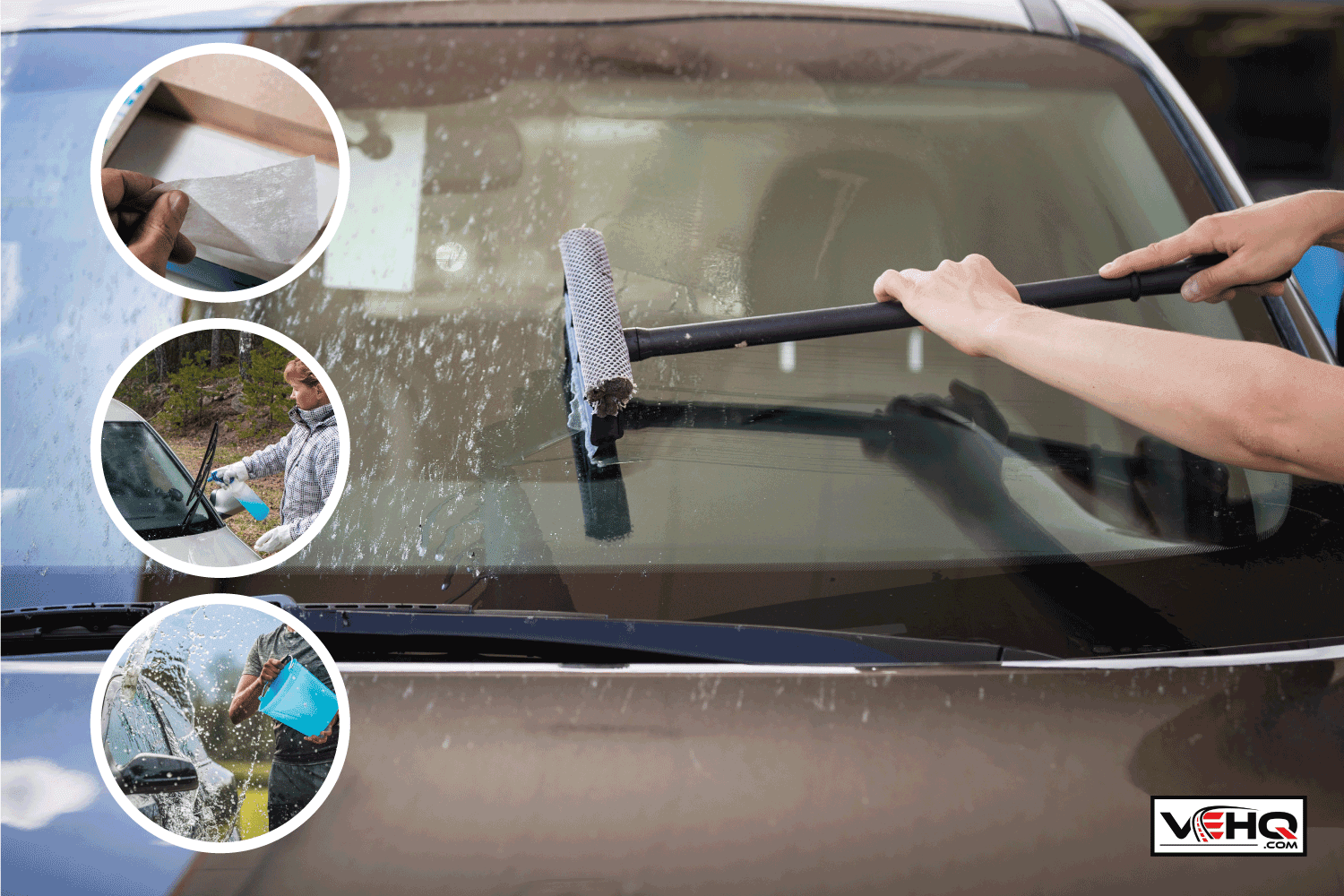 girl washes the windshield of the car at a gas station. dryer sheets in box. woman spraying on car. man rinsing car with water from bucket. How To Get Bugs Off Car With Dryer Sheets