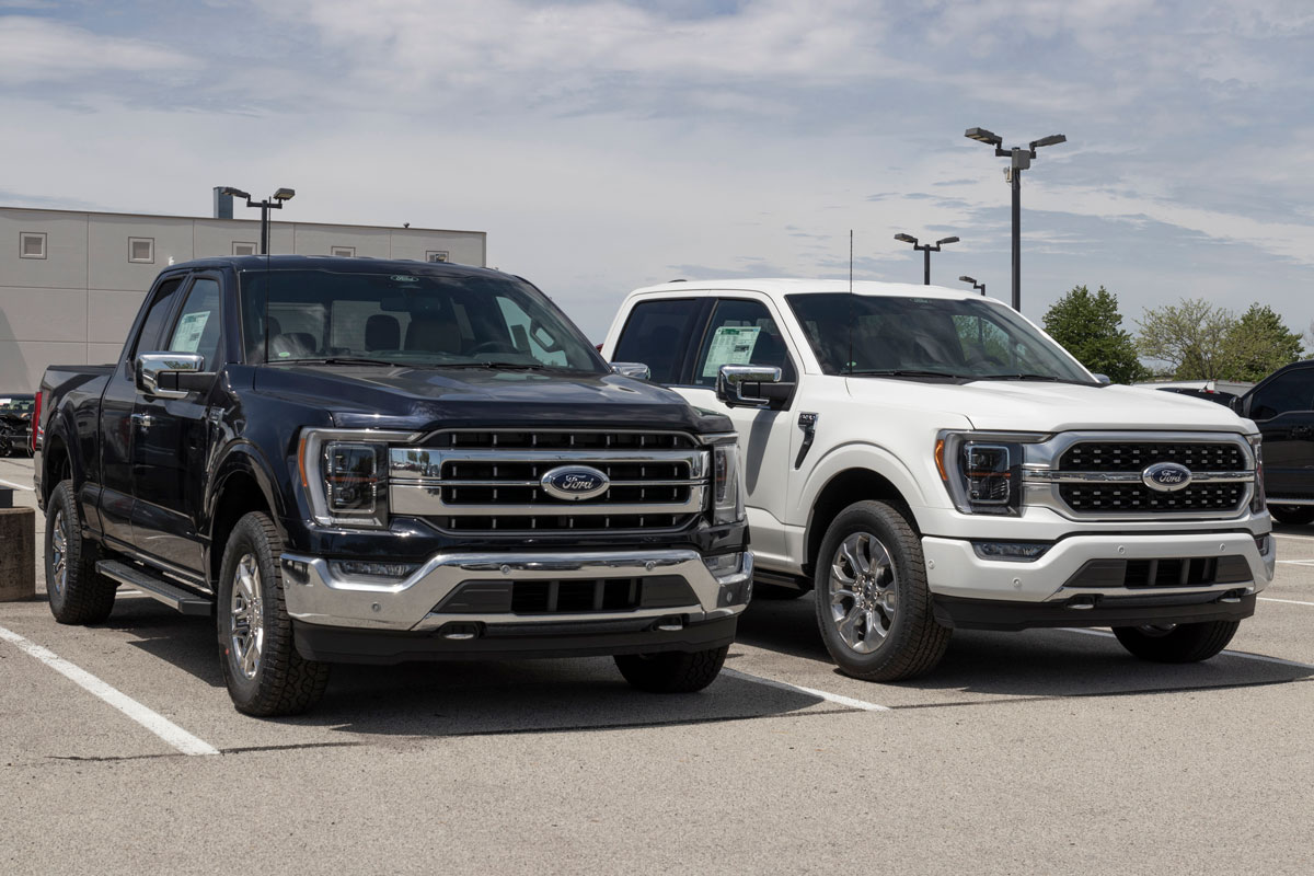 A black and white Ford F150 parked near each other