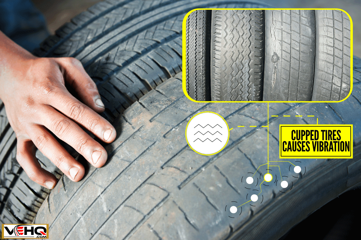 A photograph comparing a dangerously worn tire beside a newer tire with acceptable tread, Can Cupped Tires Cause Vibration?