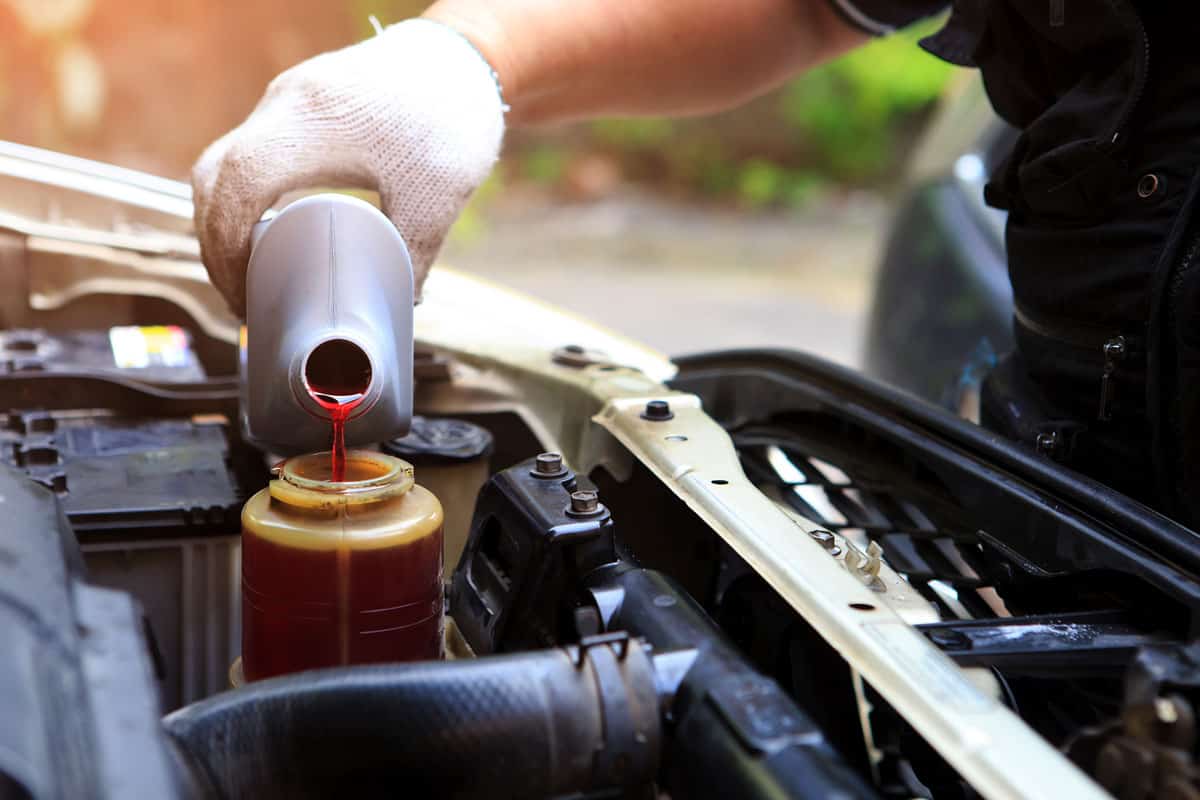 Car mechanic pouring engine oil to the car