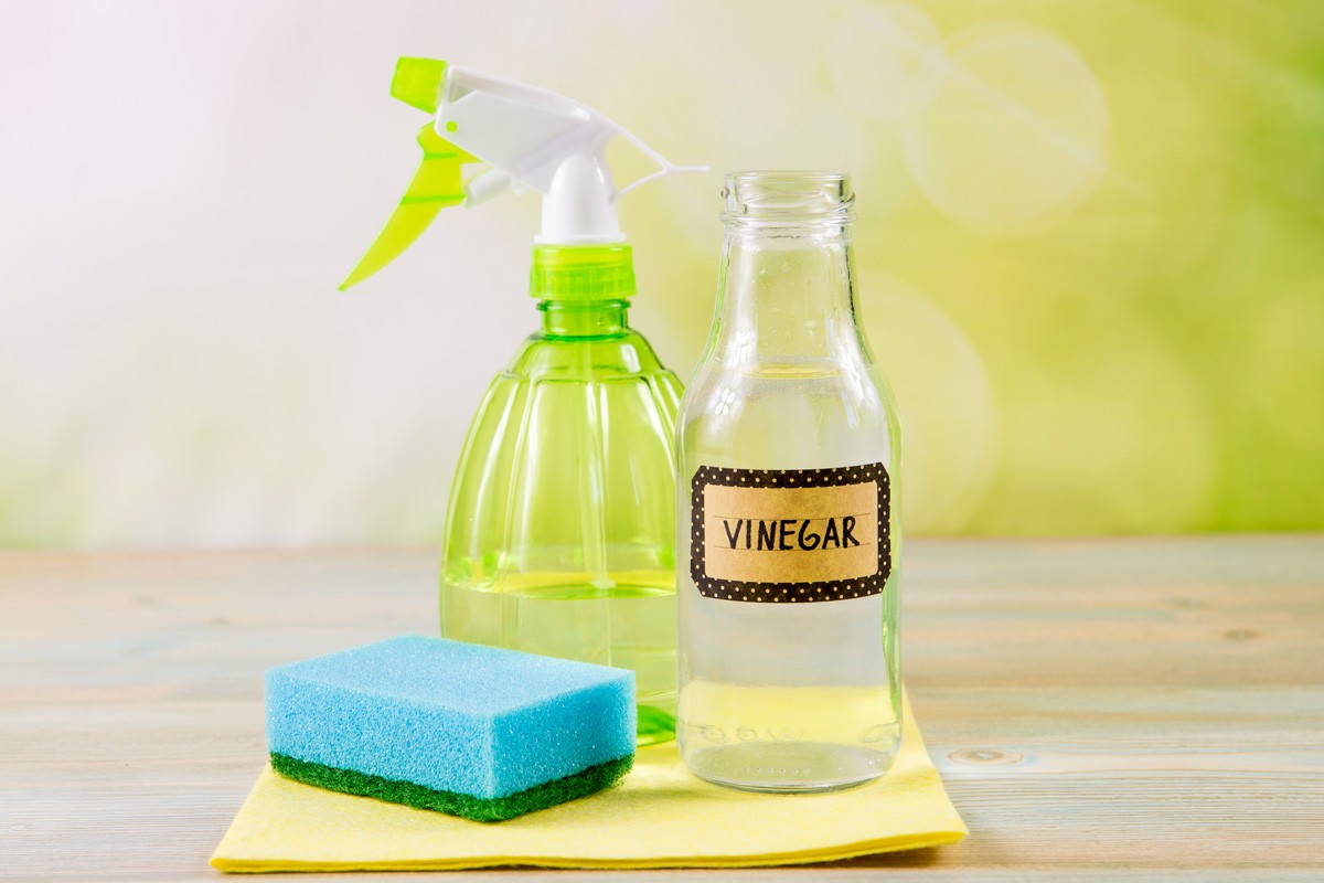 Chemical free home cleaner products concept. Using natural destilled white vinegar in spray bottle to remove stains. Tools on wooden table, green bokeh background