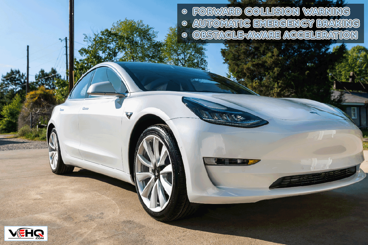 Brand new white Tesla Model 3, Does Tesla Model 3 Have Collision Avoidance?