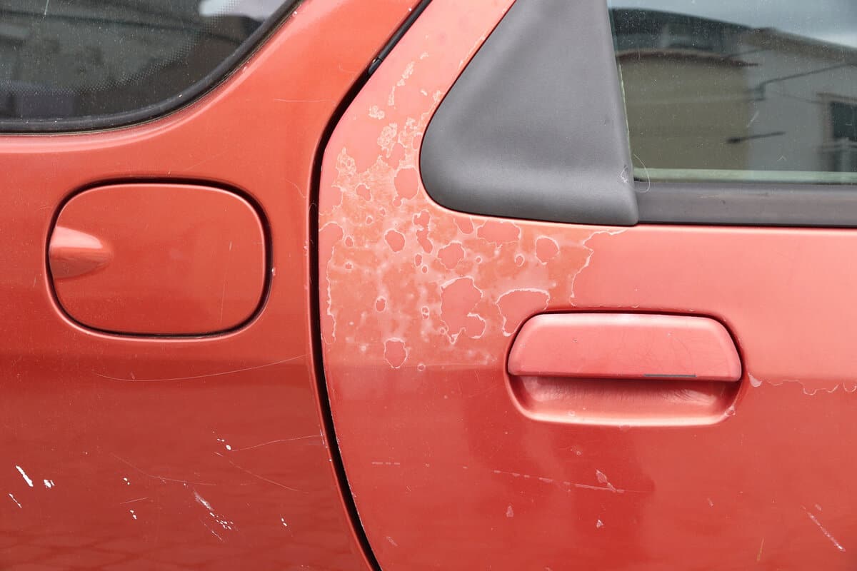 Faded car paint - peeling paint surface in a 20 year old red car.