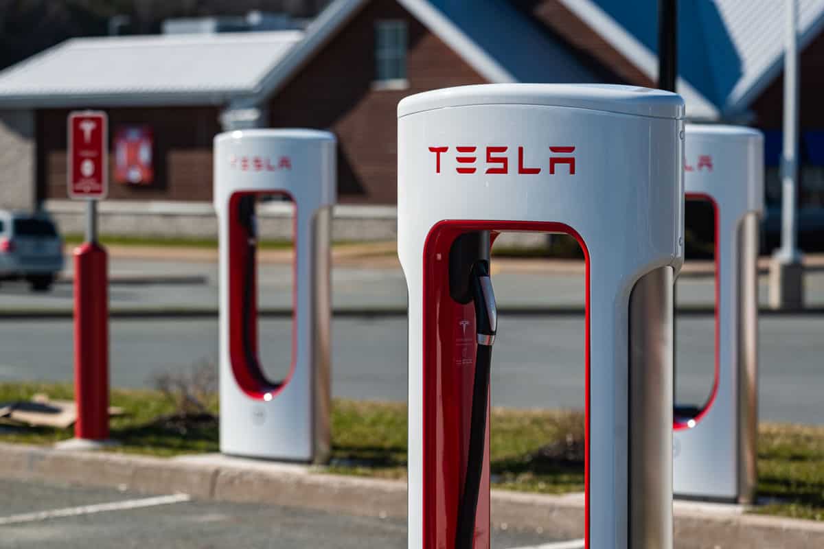 Red and white Tesla super charging stations
