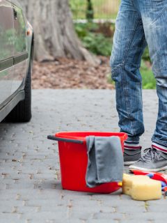 Red bucket, sponge and remain tools for cleaning the car, How To Remove House Paint From Car Body