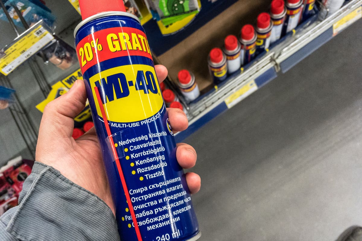 WD 40 logo on some of their water displacer sprays for sale in Belgrade. WD-40 is an iconic American brand of chemicals used to unstuck and loosen.
