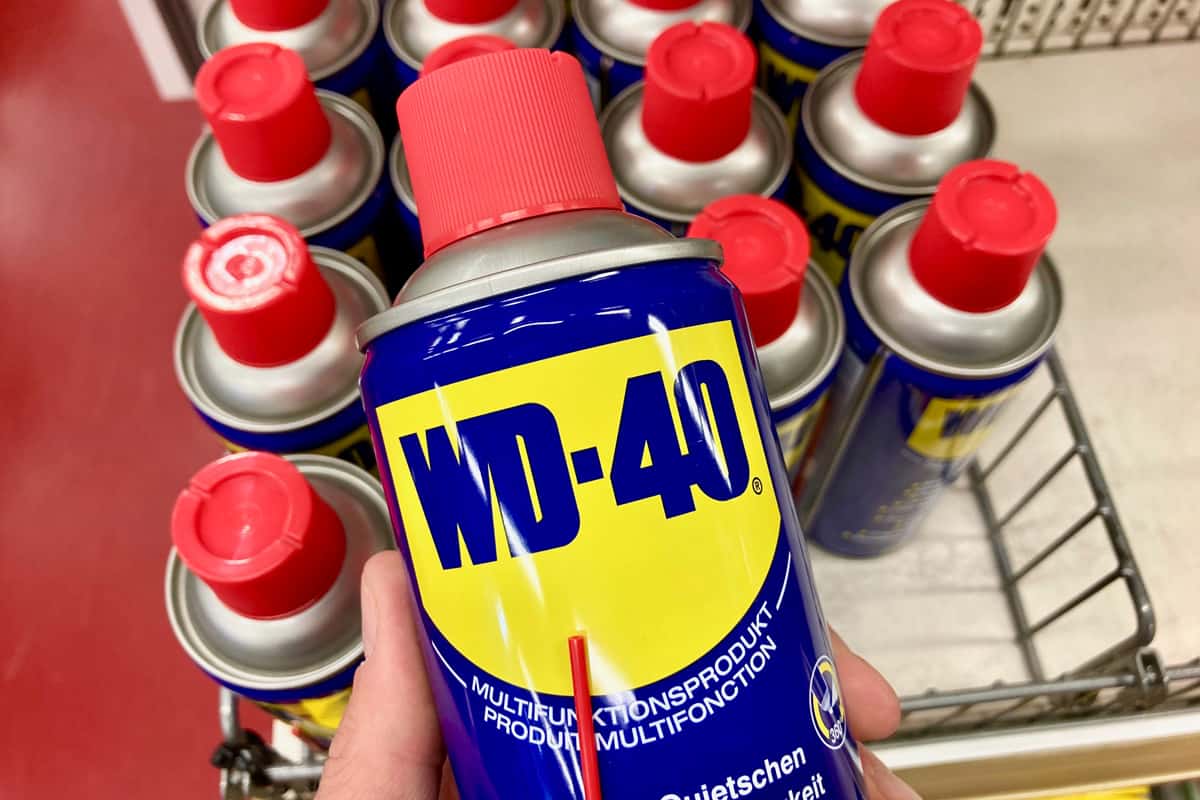 WD-40 lubricant products displayed on a store 