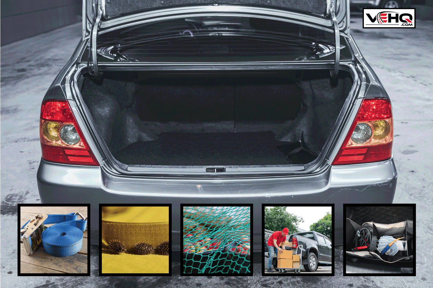 Toyota Corolla, Rear view of a car with an open trunk. Exterior of a modern car. blue tie down device. industrial velcro. green cargo net with fruits under. cardboard boxes. trunk organizers. How To Keep Things From Sliding Around In Trunk [Including In SUV]