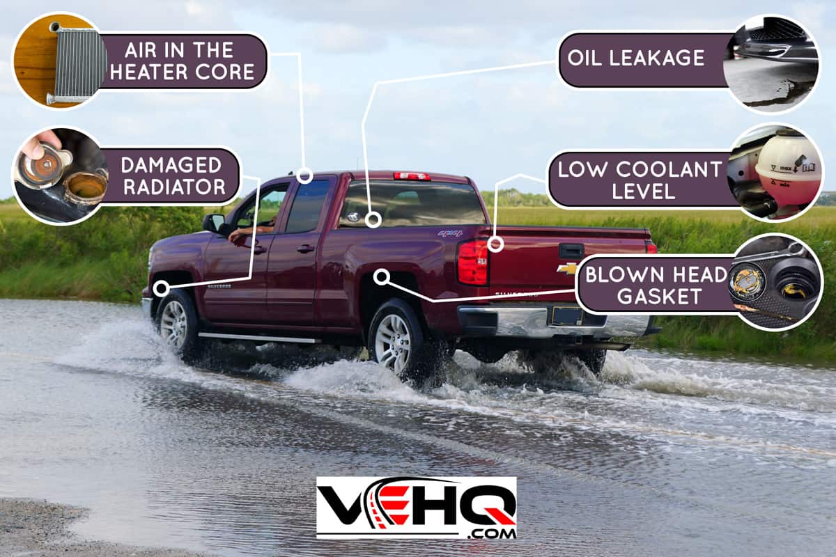 A red Chevy Silverado truck passing the flooded road, Chevy Silverado Gurgling Sound Under Dash - What Could Be Wrong?
