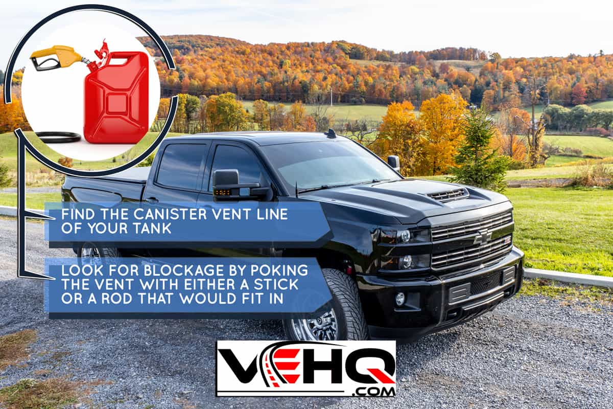 A black Chevrolet Silverado pickup truck, Chevy Truck Gas Tank Not Venting - What To Do?