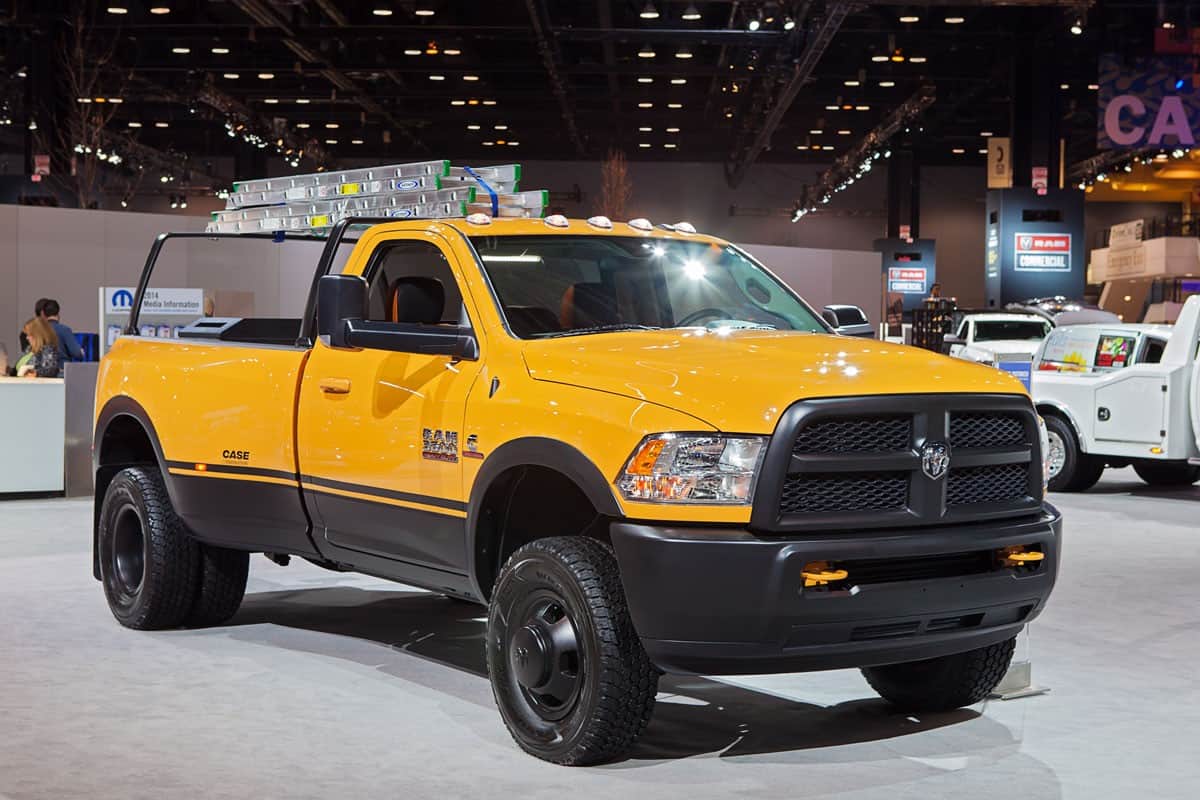 A Dodge Ram 3500 Case Edition on display at the Chicago Auto Show media