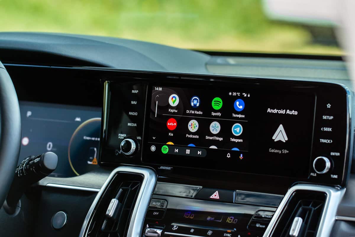  Android Auto on the screen. Homescreen. Modern car. Interior close up. Car media close up view. Homescreen. 
