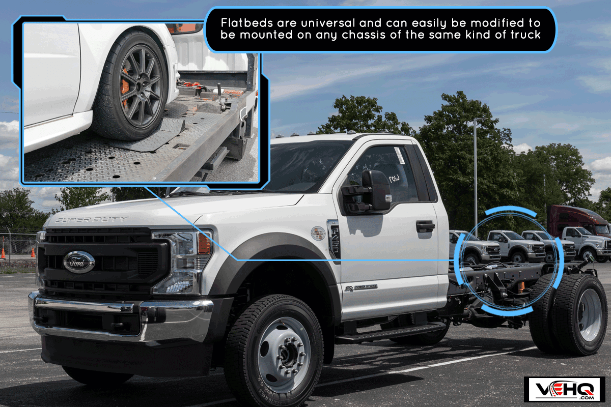 A Ford F-450 display at a dealership available in chassis cab, flatbed and dump truck models, Are Truck Flatbeds Universal?