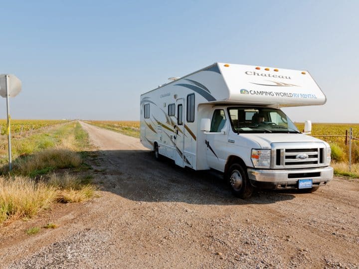 Camping World RV parked on a rural dirt road near Route 66 in Conway, Texas, 5 RV Laws In Texas You Should Know [And Other Useful Information]
