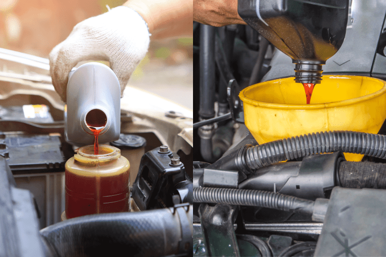 A collaged photo of pouring brand new transmission fluid to a car engine, Can I Mix Transmission Fluids?