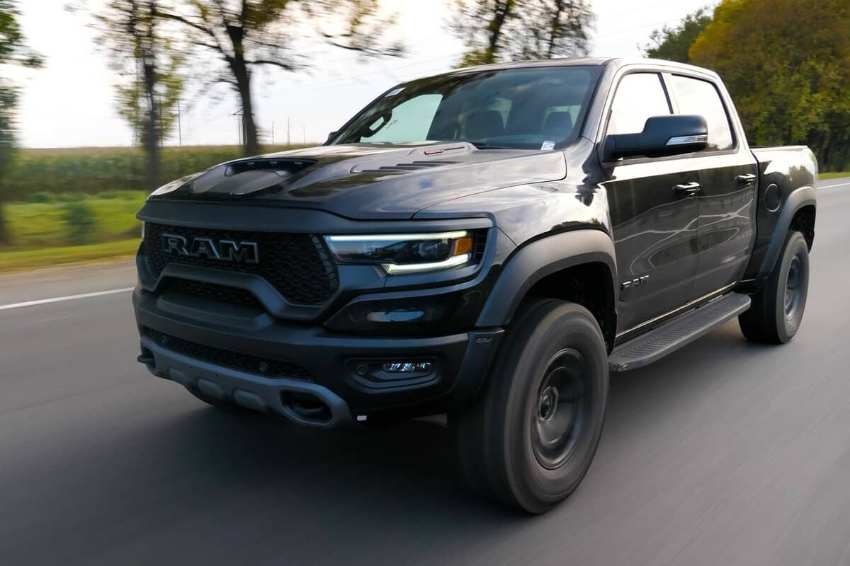 Dodge Ram TRX drives on a country road. Ram TRX is the most powerful series-production pick-up.