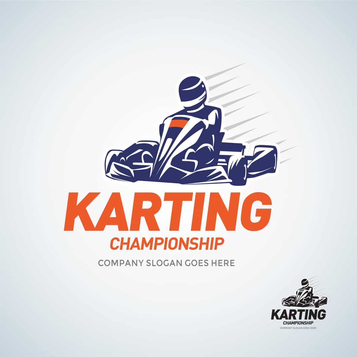 Karting Club Racing Competition Blue and Black And White Emblem Design Template With Rider In Kart Silhouette.